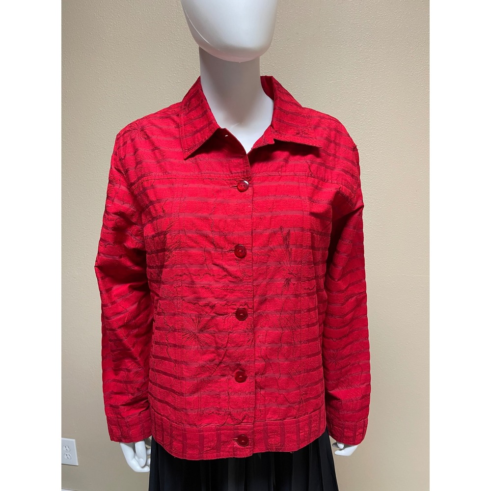 Coldwater Creek Silk Blend Shirt Jacket Women XL Red on Red Embroidered Stripe